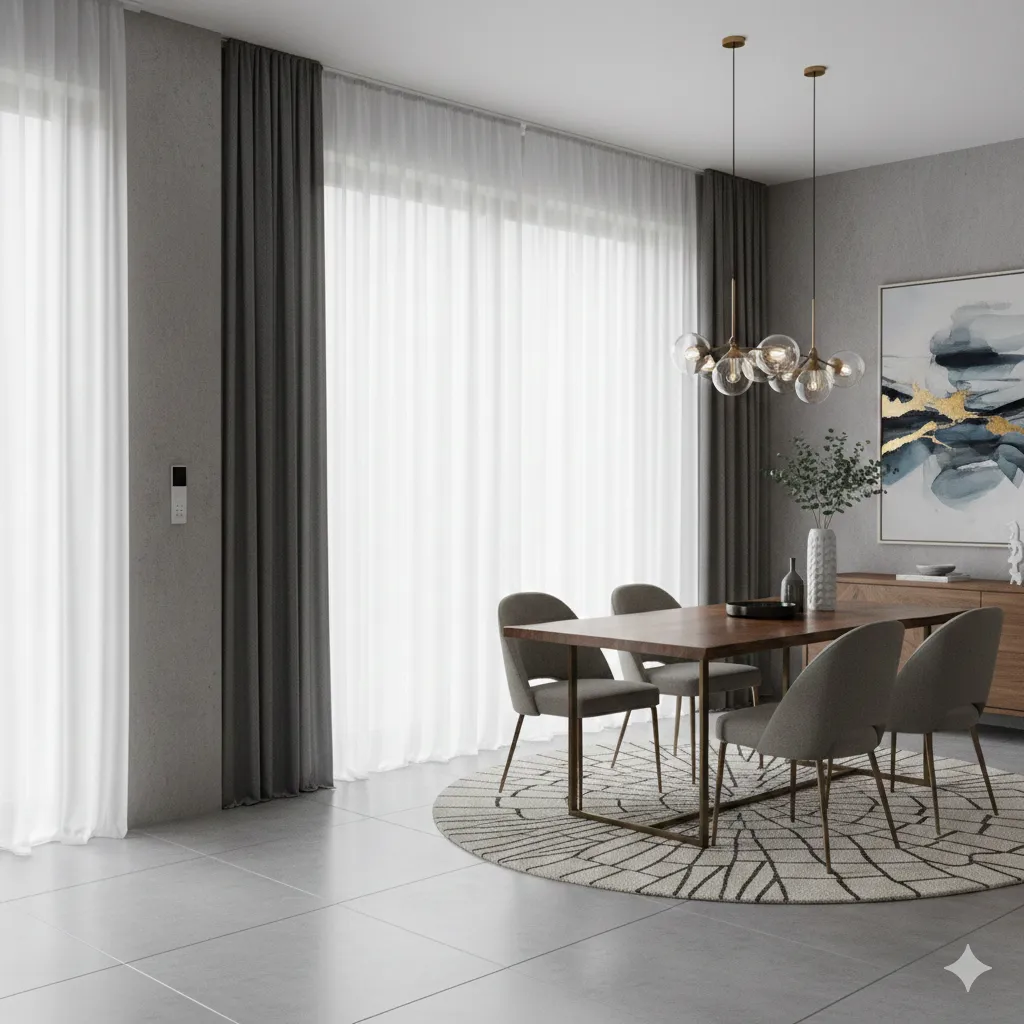 Dining room with stylish curtain system
