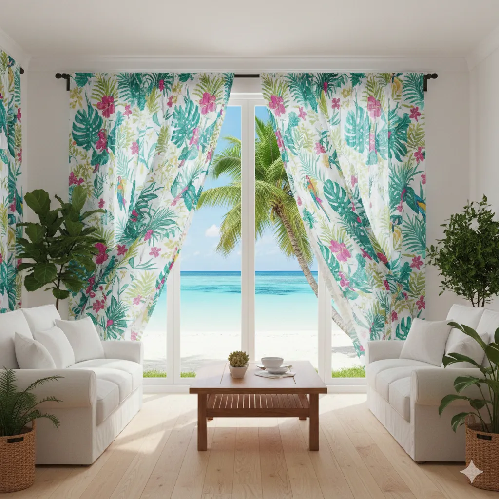 Tropical style curtains in bright space